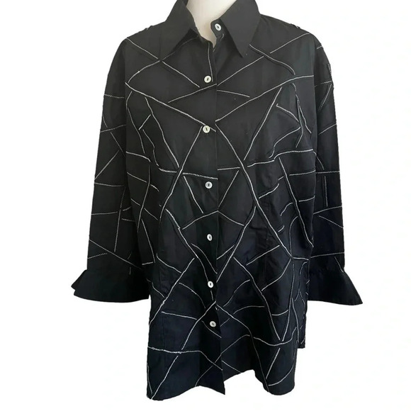 PONG POCO LTD 3/4 Sleeve Black White Collared Button Up Blouse - Size XL - Picture 1 of 9